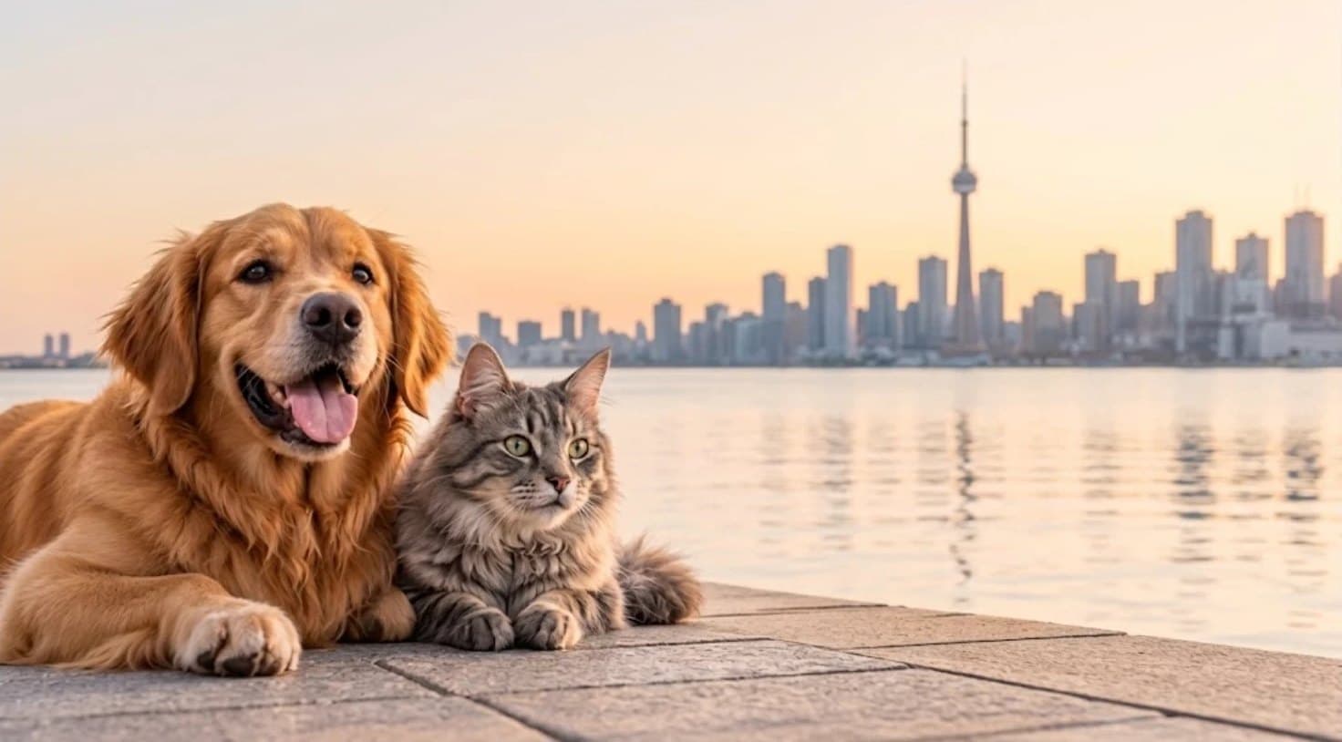 A golden retriever and a cat resting by the Toronto waterfront